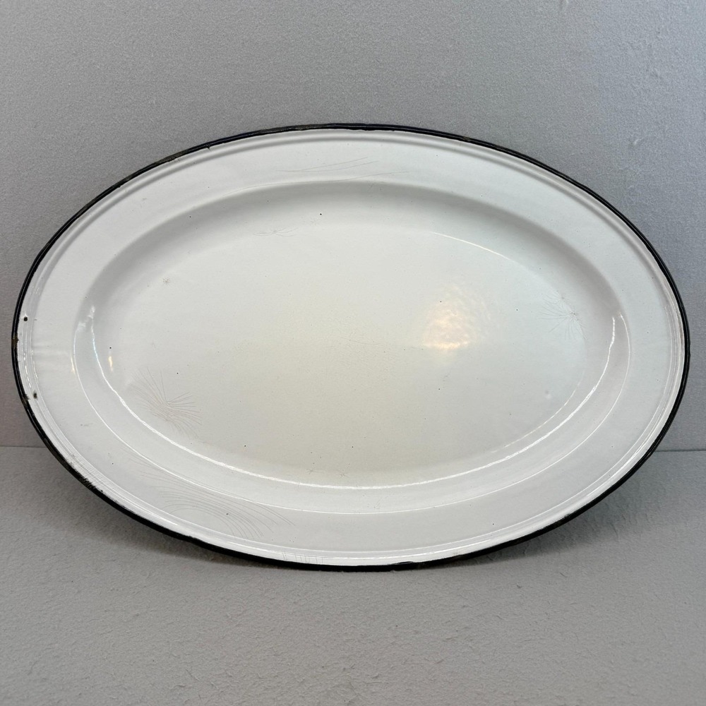 Antique XXL German Enamelware Oval Platter 22x15 White Black Rim Farmhouse